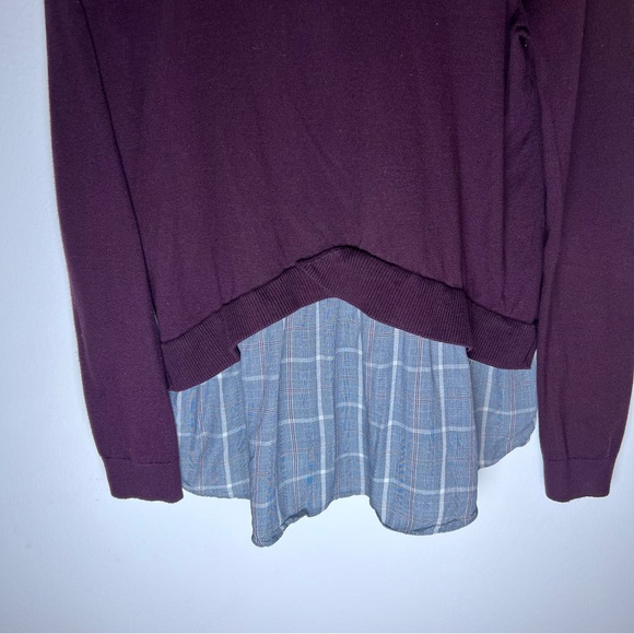 LOFT Maroon Crewneck Sweater with Plaid Shirt Tail Detail - Size Medium Cardigan - Picture 4 of 5